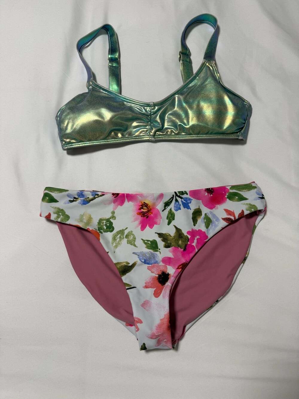 Xhilaration Metallic Iridescent Bikini Top and Floral Bottom Swimsuit Set